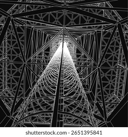 A tall black and white tower features an intricate design of interconnected lines and shapes, crowned by a glowing light at its peak. The minimalist drawing showcases geometric precision and artistic.