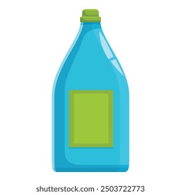 Tall blue bottle with a green blank label is standing