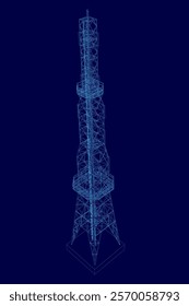 Tall blue tower with a blue background. The tower is very tall and has a very thin and pointy shape