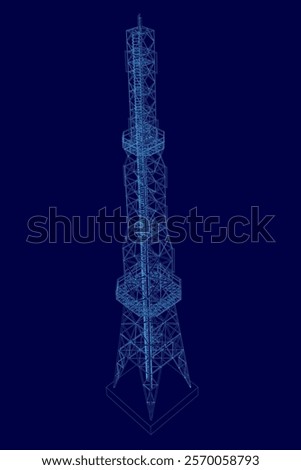 Tall blue tower with a blue background. The tower is very tall and has a very thin and pointy shape