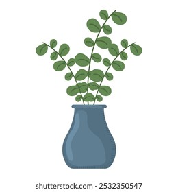 Tall blue vase with green leafy plant for decor, Vector