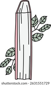 Um livro alto com linhas verticais e folhas brotando de seus lados em um estilo de desenho animado. Um tomo ereto com folhagem emergindo de suas bordas de uma maneira lúdica. Ilustração de vetor de desenhos animados.