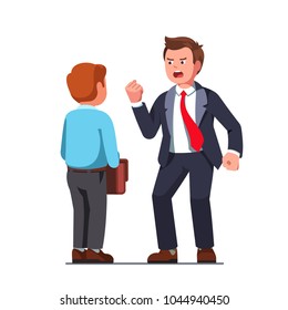 Tall Boss Business Man Bully Screaming, Intimidating, Shaking Fist On Scared Docile Employee Or Coworker. Corporate Supervisor Reprimanding And Bullying Concept. Flat Vector Isolated Illustration