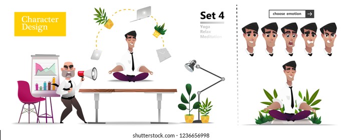 Tall boss business man bully screaming into loudspeaker, intimidating, shaking fist on scared docile employee or coworker. Emotion set for character animation. Lotus worker hovers above the workspace