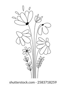 Tall bouquet of flowers from abstract daisies. Line coloring for fun.