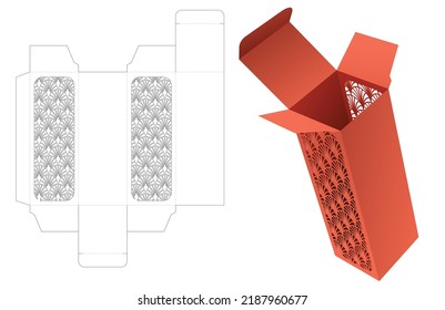 Tall box with stenciled Japanese pattern window die cut template and 3D mockup