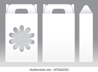 Tall Box White window flower shape cut out Packaging Template blank. Empty Box white Template for design product package gift box, White Box packaging paper kraft card board package (Vector)