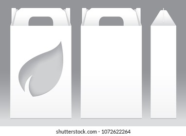 Tall Box White window leaves, leaf shaped cut out Packaging Template blank. Empty Box white Template for design product package gift box, White Box packaging paper kraft card board package (Vector)