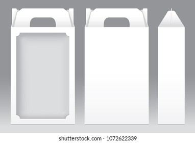 Tall Box White window shape cut out Packaging Template blank. Empty Box white Template for design product package gift box, White Box packaging paper kraft card board package (Vector)