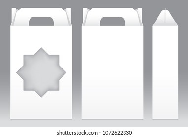 Tall Box White window star shape cut out Packaging Template blank. Empty Box white Template for design product package gift box, White Box packaging paper kraft card board package (Vector)