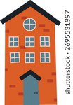 A tall brick house with multiple windows and a circular window at the top in a flat style. The building features a slanted roof and a simple door design. Cartoon vector illustration.
