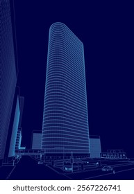 Tall building with a blue sky background. The building is lit up with lights. The sky is dark and the lights on the building are shining brightly