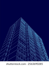 Tall building with blue windows and a blue sky background. The building is lit up in blue