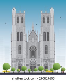 Tall building of the Cathedral of St Michael and St Gudula in the center of Brussels, Belgium. Vector illustration. Business travel and tourism concept with historic building