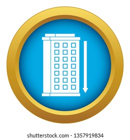 Tall building and down arrow icon blue vector isolated on white background for any design