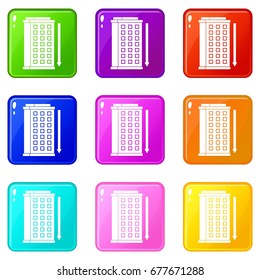 Tall building and down arrow icons of 9 color set isolated vector illustration