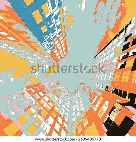 a tall building drawn from a lower angle, showing the height of the building. The colors of the building are mixed with other colors