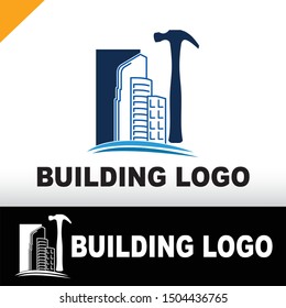 Tall building and hammerhead with two shapes underneath, creative concept of building logo design, logo on white and black background with flat design style