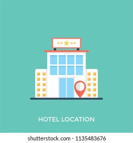 
A tall building with a location pointer symbol showing an idea of hotel location 

