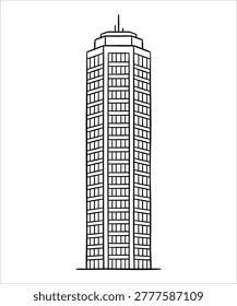 A tall building with many windows and a spire on top in a simple line drawing style