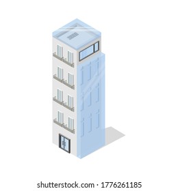 Edificio alto de estilo moderno. Isometry. Megalopolis. Fachada de vidrio