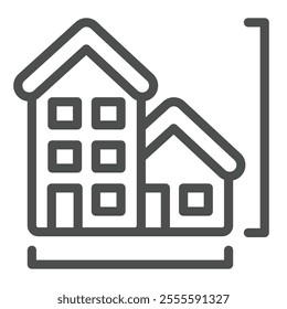 Tall building and private house line icon, architect studio concept. Vector graphics. High rise building measurement sign on white background, outline style icon for mobile or web design