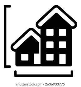 Tall building and private house solid icon, architect studio concept. Vector graphics. High rise building measurement sign on white background, style mobile or design