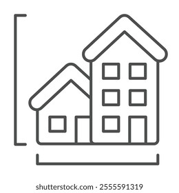 Tall building and private house thin line icon, architect studio concept. Vector graphics. High rise building measurement sign on white background, outline style icon for mobile or web design