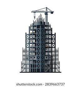 A tall building in the process of being built, featuring a large crane and extensive scaffolding.