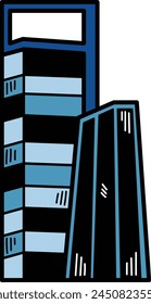 A tall building with a sign on top. The building is very tall and has many windows