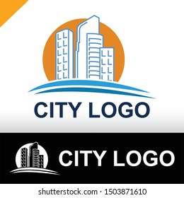 Tall building and Sun building behind the building with two shapes underneath, creative concept of building logo design, logo on white and black background 