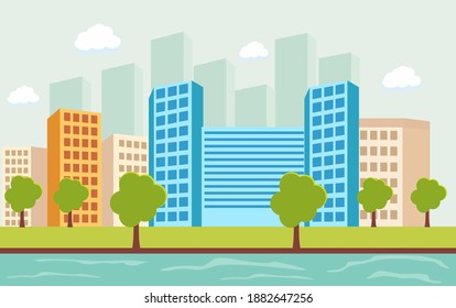 tall buildings beside a small river and green trees