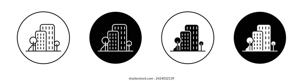 Tall Buildings Icon Set. City corporate district vector symbol in a black filled and outlined style. Skyline Glory Sign.