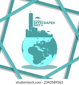 Tall buildings with one taller building or skyscraper on earth icon, with bold text in frame on white background National Skyscraper Day on September 3