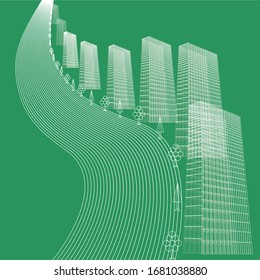 Tall buildings and trees along the road. Perspective. Abstract illustration