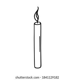 Tall burning candle. Single vector isolated element. Doodle style. 