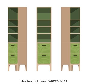 Tall cabinet set, narrow green bookshelf display. Freestanding study room, bathroom organizer slim shelf storage. Vector flat style cartoon home, office furniture objects isolated on white background