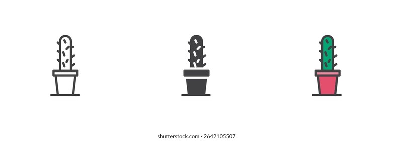 Tall cactus with arms in a pot shown in line, solid and filled outline icon styles. Desert plant icon set. Spiky succulent symbol in three formats.