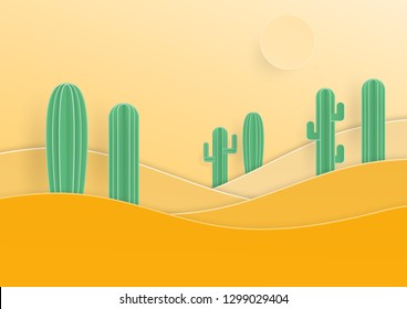 Tall cactus in the desert landscape with paper art, Digital vector paper craft style, vector illustration.