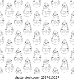 Tall cake decorated with icing. Seamless pattern. Doodle style.