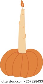 A tall candle is placed on a pumpkin in a cartoon style. The pumpkin serves as a base for the slender candle. Cartoon vector illustration.