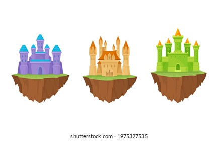 Tall Castle with Towers and Walls as Fortified Middle Age Stone Structure Rested on Floating Rocky Island Vector Set