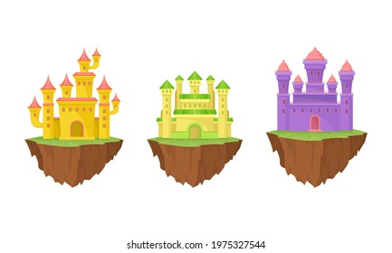 Tall Castle with Towers and Walls as Fortified Middle Age Stone Structure Rested on Floating Rocky Island Vector Set