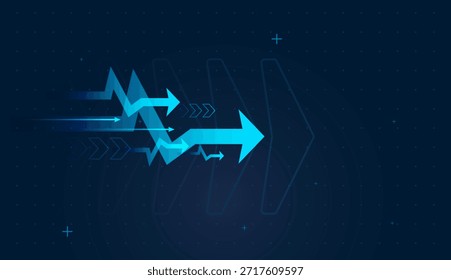 Uma seta alta central conduz a linhas mais finas, representando uma tendência dominante no mercado. com gradientes futuristas em um fundo de grade escura evocam painéis de dados e fintech