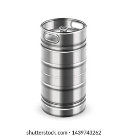 Tall Chrome Metallic Beverage Keg Barrel Vector. Blank Stainless Steel Keg For Bottling And Storage Alcohol Drink Booze In Tavern. Recoverable Container With Fitting Realistic 3d Illustration