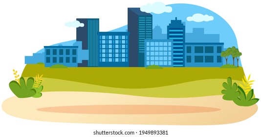 Tall city buildings and houses on horizon. Urban landscape, large high-rise blue constructions