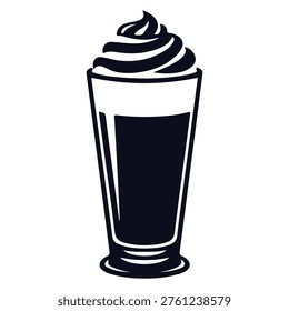 A tall clear glass filled with a dark liquid and topped with a swirl of whipped cream
