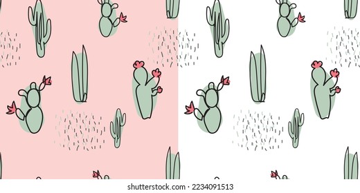 Cactus coloridos y altos sobre un fondo rosa y blanco. Patrón sin foco con cactus y flores en verde. Conjunto de macetas de flores para el diseño. Ilustración vectorial dibujada a mano para afiches, textiles, tarjetas, camisetas
