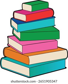 A tall, colorful stack of hardcover books, each with cream-colored pages and a distinct spine color, piled high against a white background.