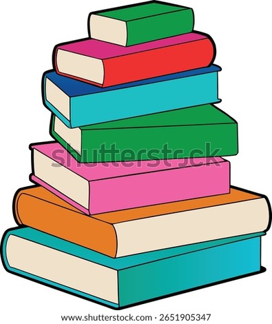 A tall, colorful stack of hardcover books, each with cream-colored pages and a distinct spine color, piled high against a white background.
